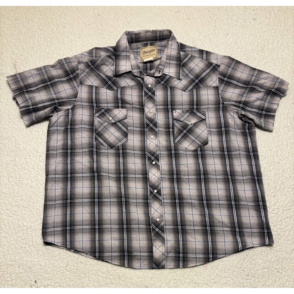 Wrangler Mens Gray Plaid Pearl Snap Western Shirt Short Sleeve 2XL WM226GY
